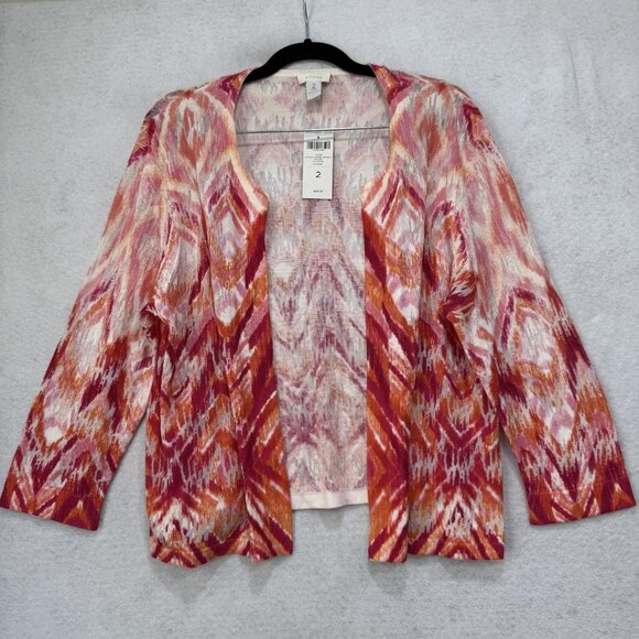 Chicos Cardigan Sweater Womens Size 2 Pink Geometric Chevron Open Front Knit - Picture 1 of 7